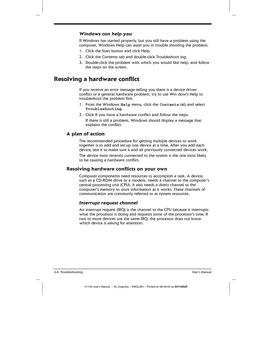 9 plan of action, Resolving hardware conflicts on your own, Resolving a hardware conflict -6 | A plan of action -6, Resolving a hardware conflict, Windows can help you, Interrupt request channel | Toshiba V1100 User Manual | Page 58 / 76