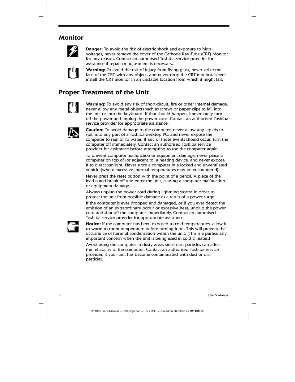 Monitor, Proper treatment of the unit | Toshiba V1100 User Manual | Page 6 / 76