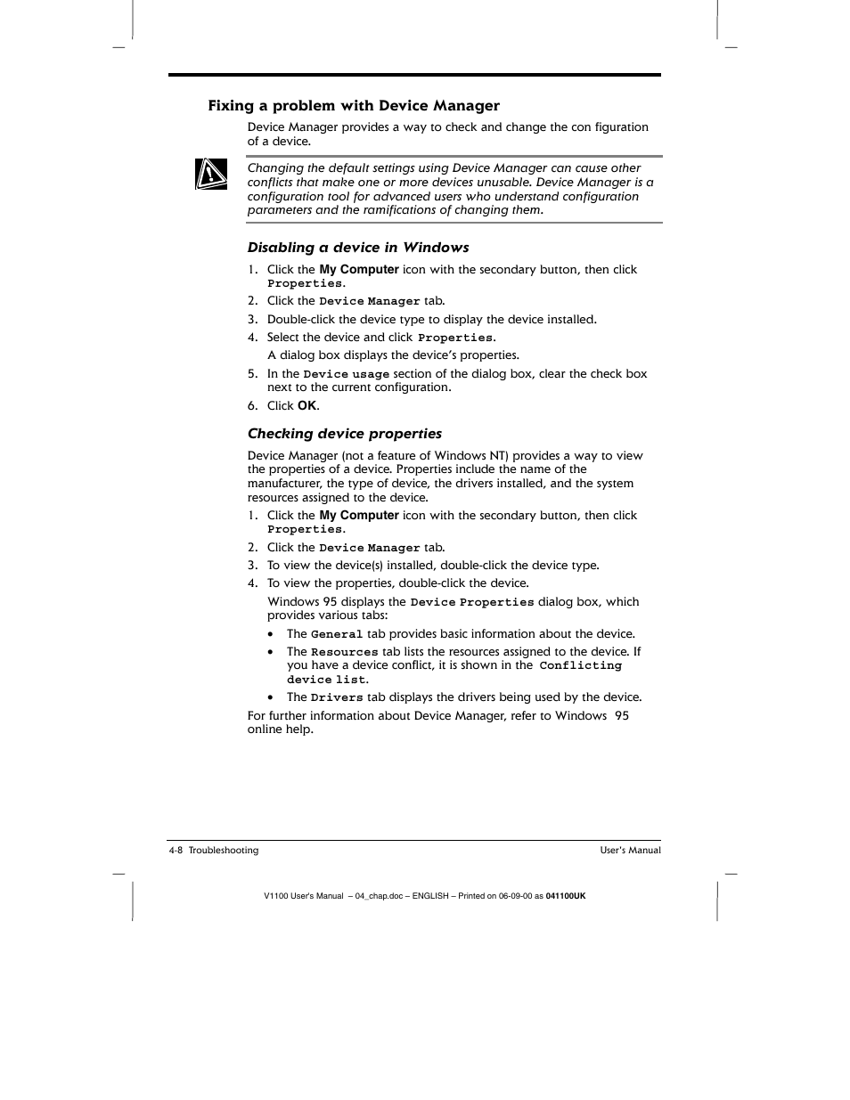 Fixing a probiem with device manager, Fixing a problem with device manager -8 | Toshiba V1100 User Manual | Page 60 / 76