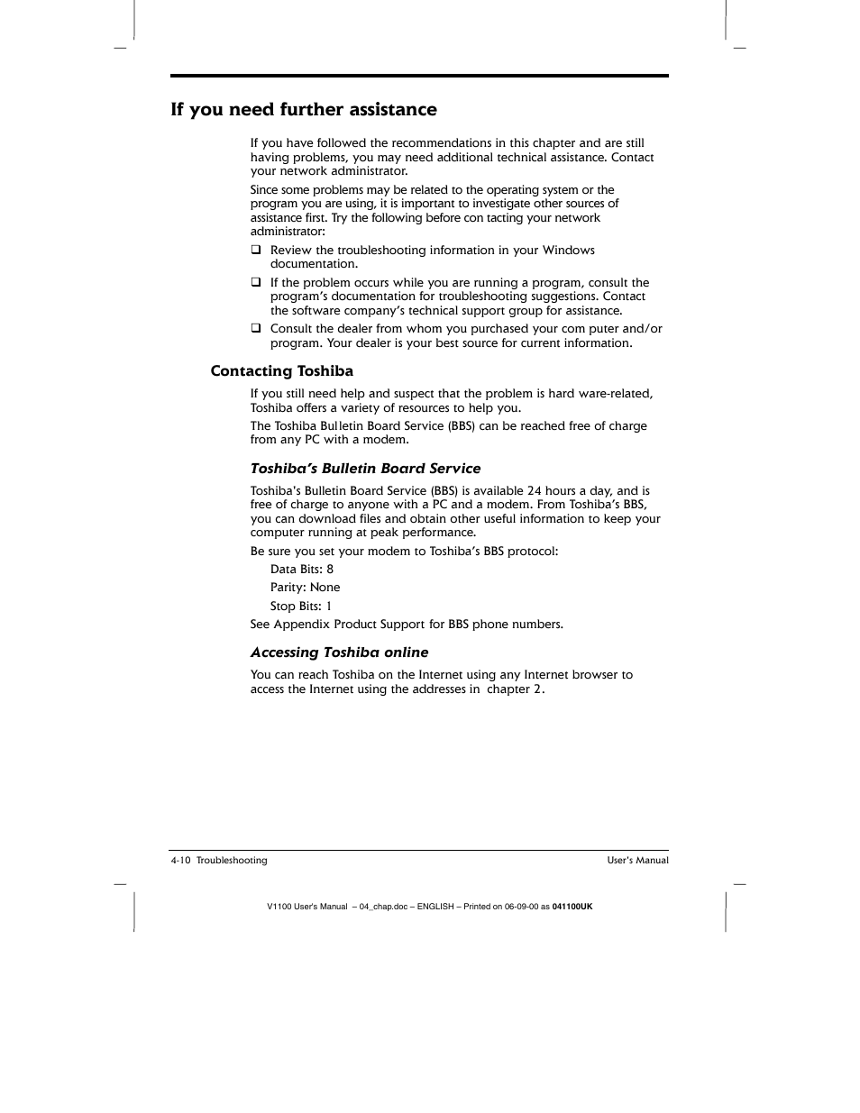 Contacting toshiba, Contacting toshiba -10, If you need further assistance | Toshiba's bulletin board service, Accessing toshiba online | Toshiba V1100 User Manual | Page 62 / 76