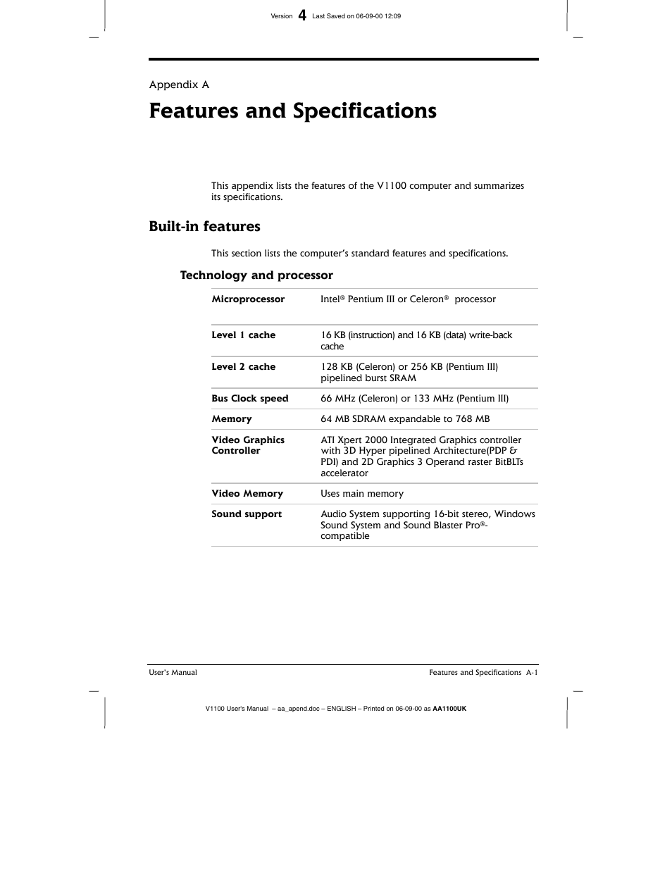 Technology and processor, Features and specifications, Built-in features | Toshiba V1100 User Manual | Page 65 / 76