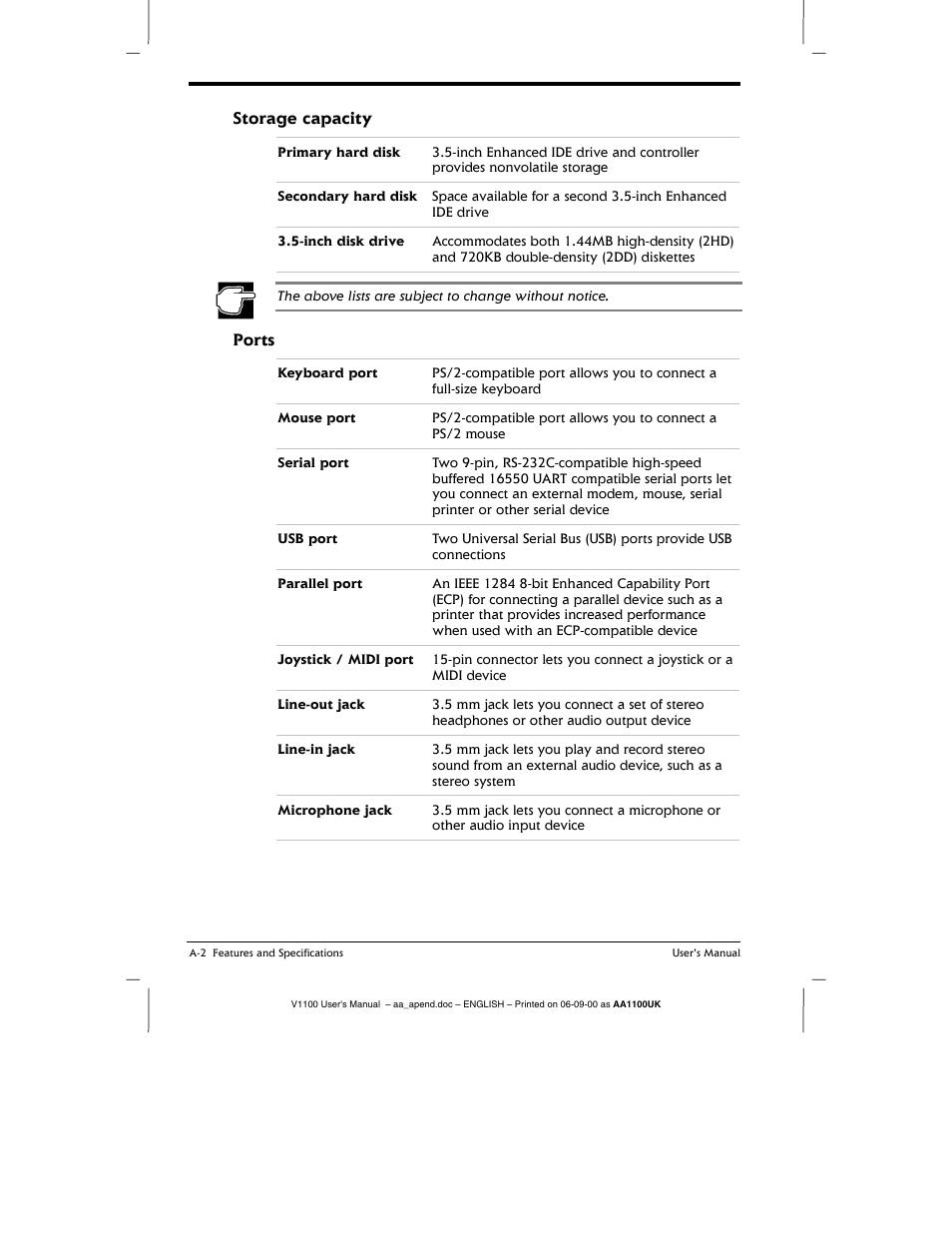 Storage capacity, Ports | Toshiba V1100 User Manual | Page 66 / 76