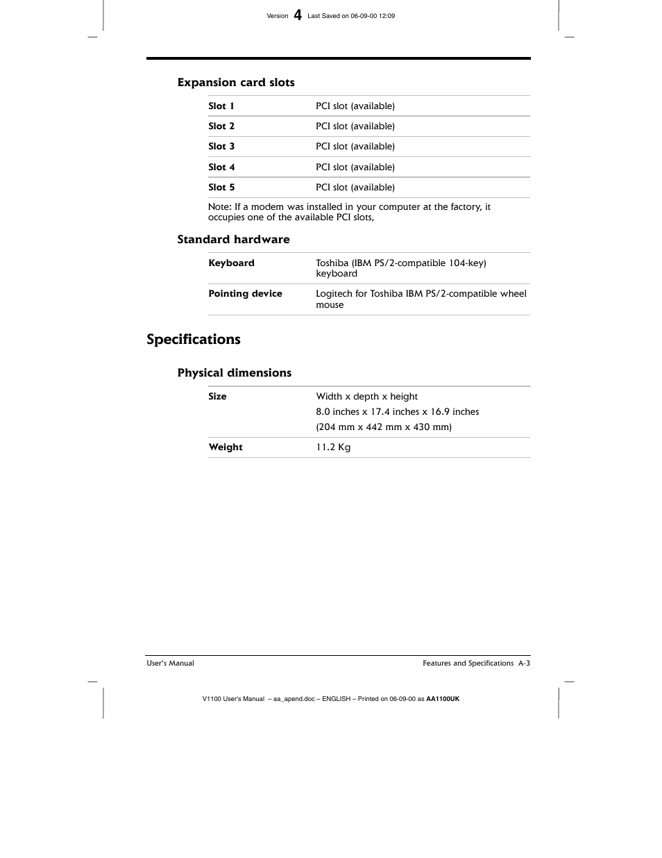 Expansion card slots, Specifications, Standard hardware | Physical dimensions | Toshiba V1100 User Manual | Page 67 / 76