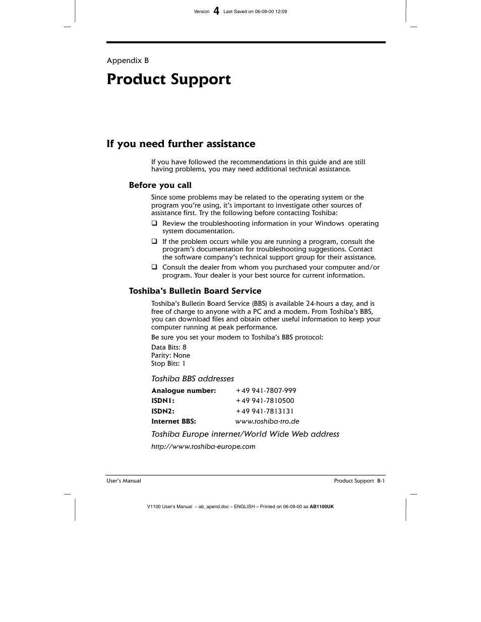 Before you call, Toshiba's bulletin board service, Product support | If you need further assistance, Toshiba bbs addresses, Toshiba europe internet/world wide web address | Toshiba V1100 User Manual | Page 69 / 76
