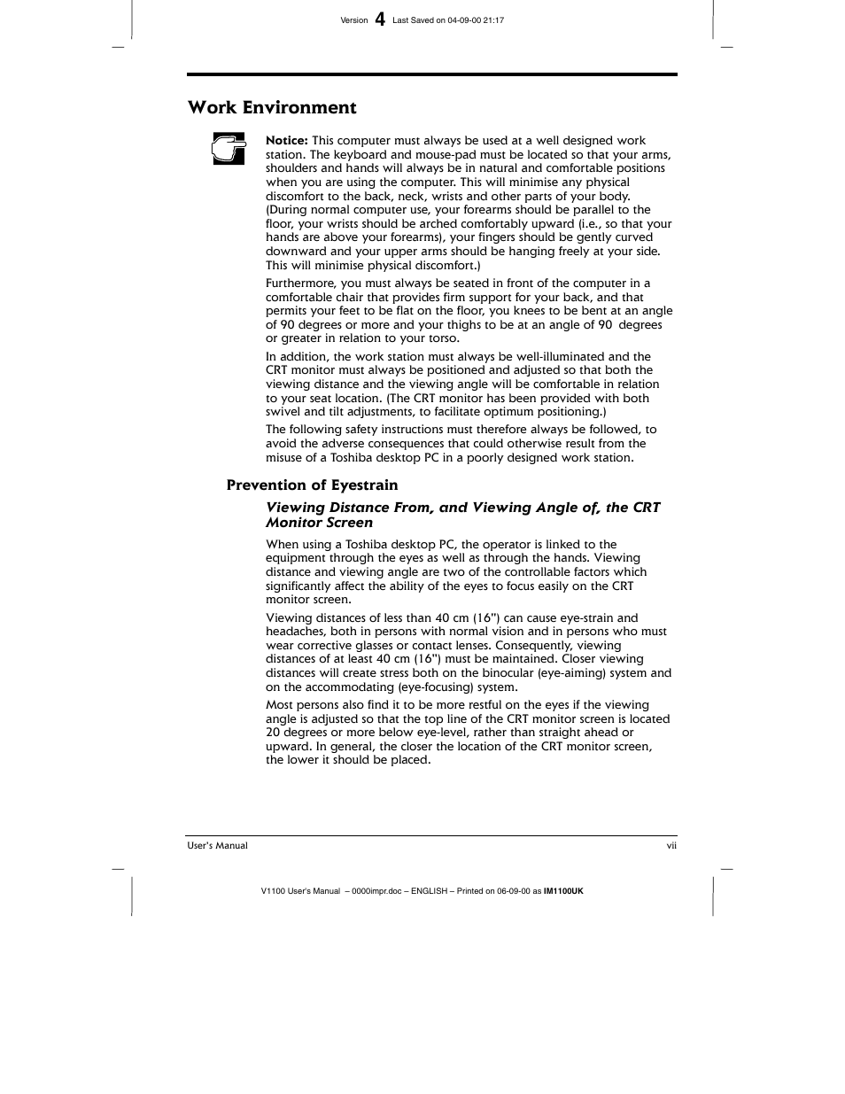 Work environment, Prevention of eyestrain | Toshiba V1100 User Manual | Page 7 / 76