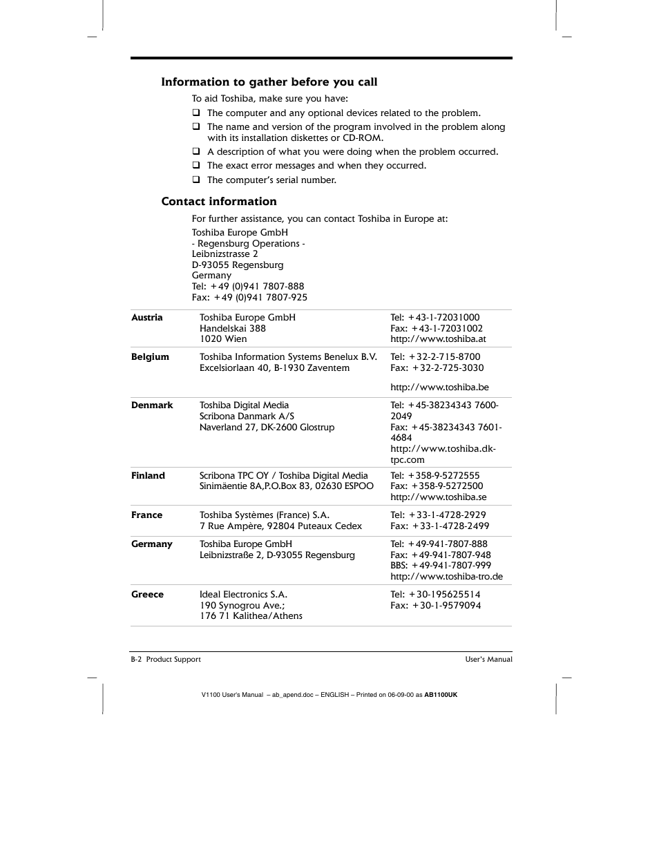 Information to gather before you call, Contact information | Toshiba V1100 User Manual | Page 70 / 76