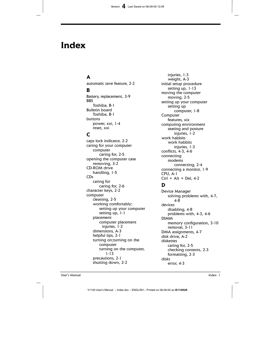 Index | Toshiba V1100 User Manual | Page 73 / 76