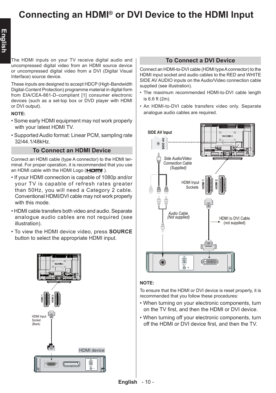 Connecting an hdmi, Or dvi device to the hdmi input, English | Toshiba W3451 User Manual | Page 11 / 60