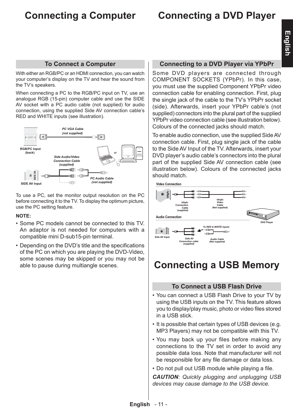 Connecting a computer connecting a dvd player, English, Connecting to a dvd player via ypbpr | English - 11 | Toshiba W3451 User Manual | Page 12 / 60