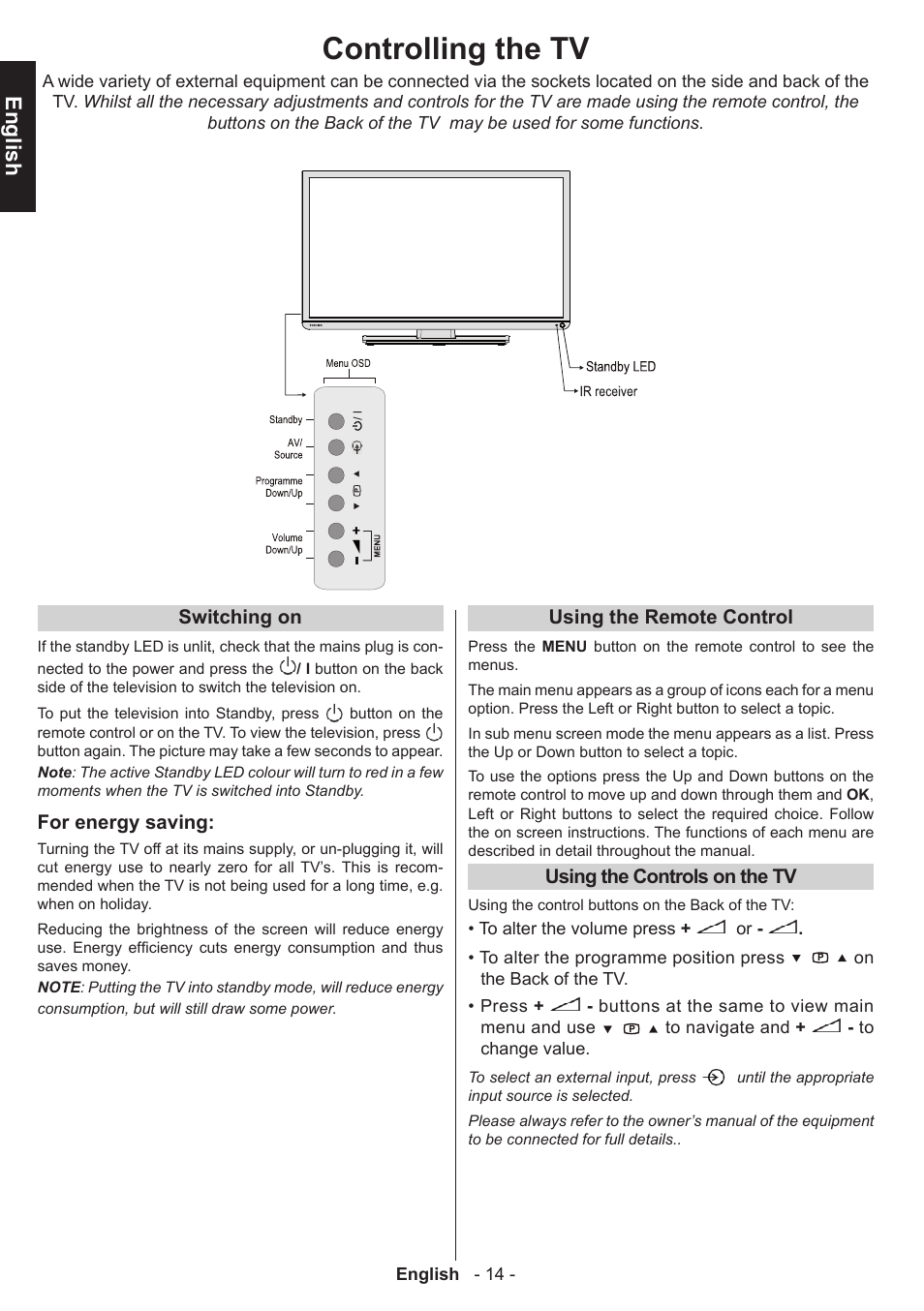 Controlling the tv, English | Toshiba W3451 User Manual | Page 15 / 60