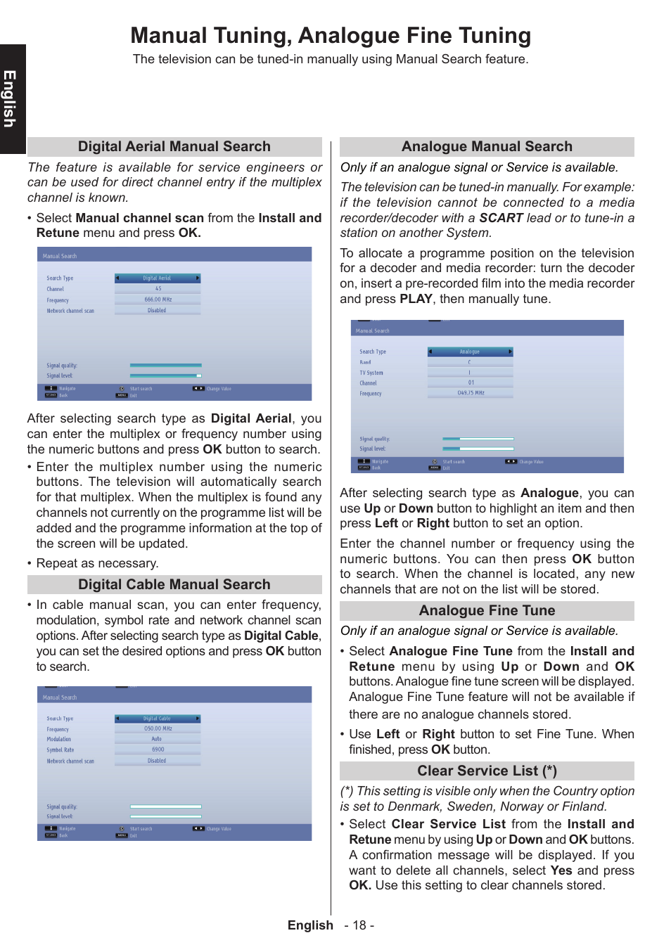 Manual tuning, analogue fine tuning, English | Toshiba W3451 User Manual | Page 19 / 60