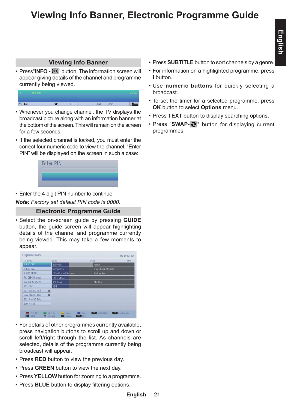 Viewing info banner, electronic programme guide, English | Toshiba W3451 User Manual | Page 22 / 60