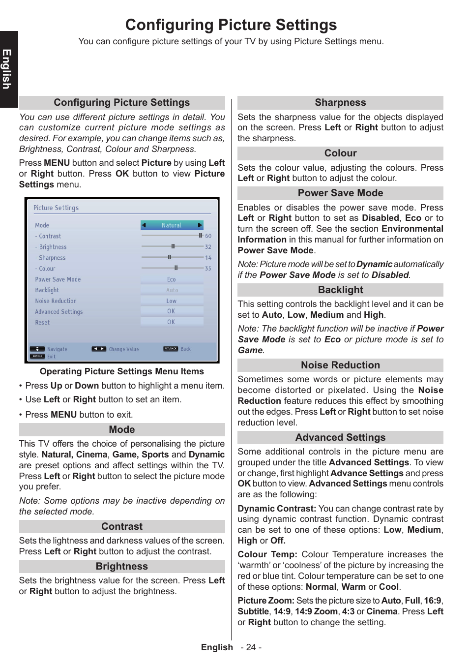 Configuring picture settings, English | Toshiba W3451 User Manual | Page 25 / 60