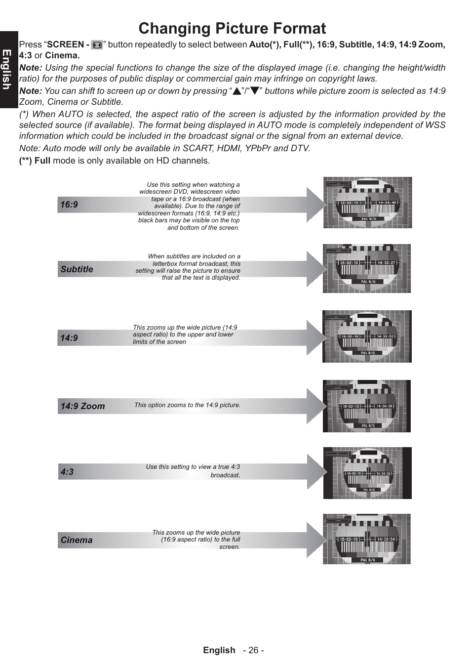 Changing picture format, English | Toshiba W3451 User Manual | Page 27 / 60