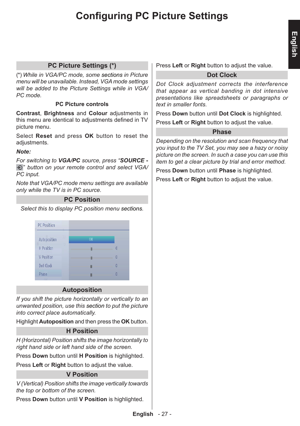 Configuring pc picture settings, English | Toshiba W3451 User Manual | Page 28 / 60