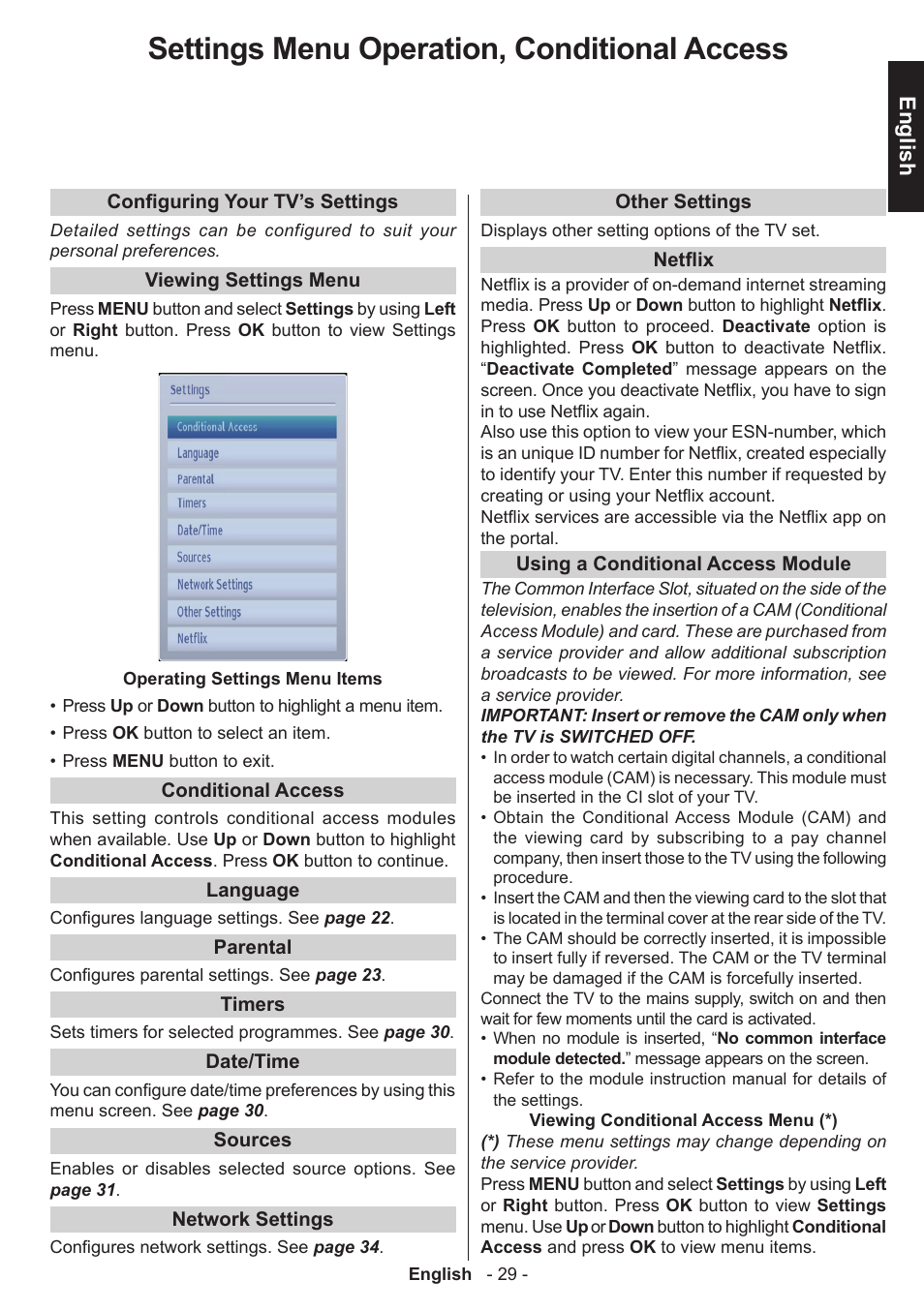 Settings menu operation, conditional access, English | Toshiba W3451 User Manual | Page 30 / 60