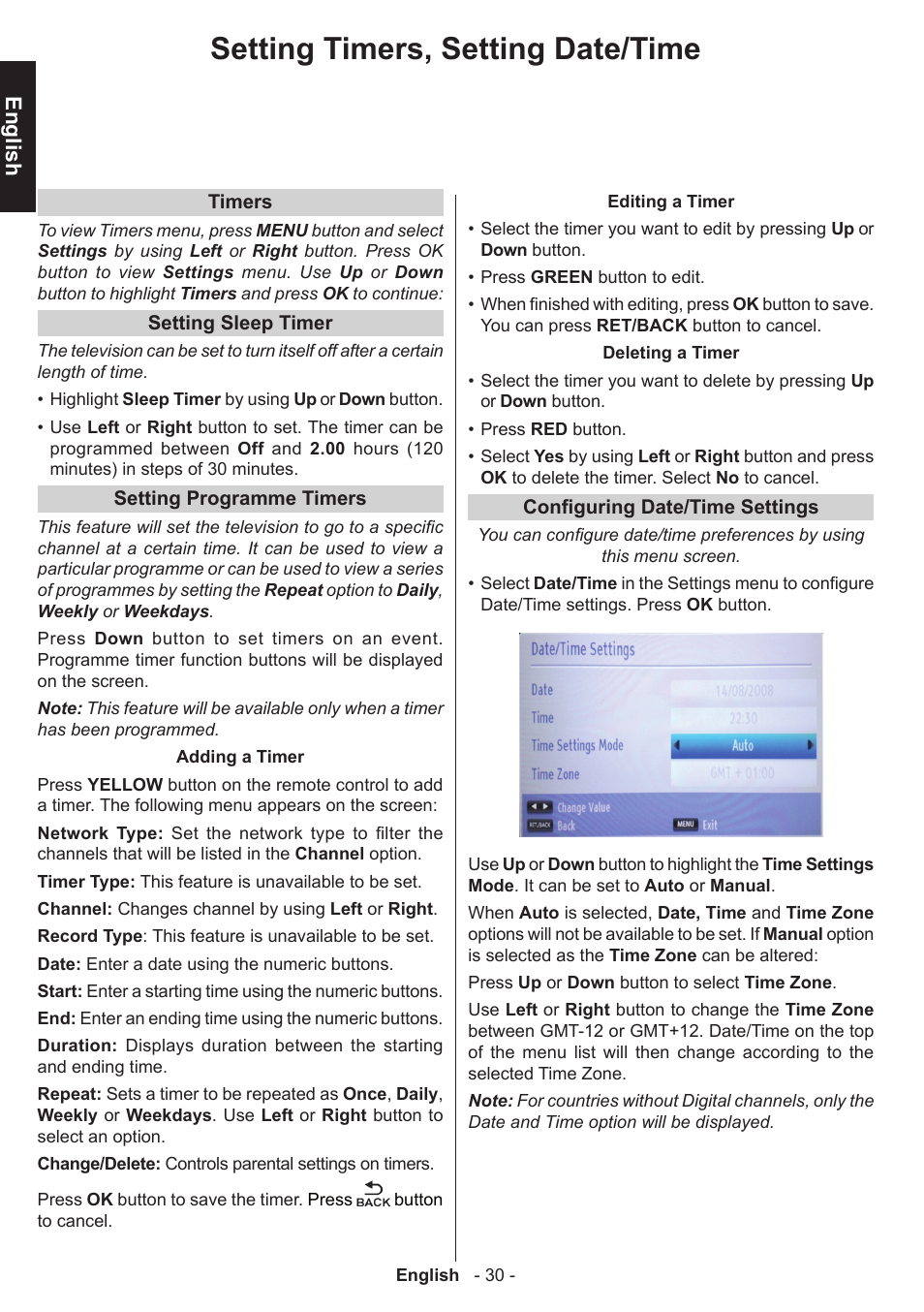 Setting timers, setting date/time, English | Toshiba W3451 User Manual | Page 31 / 60