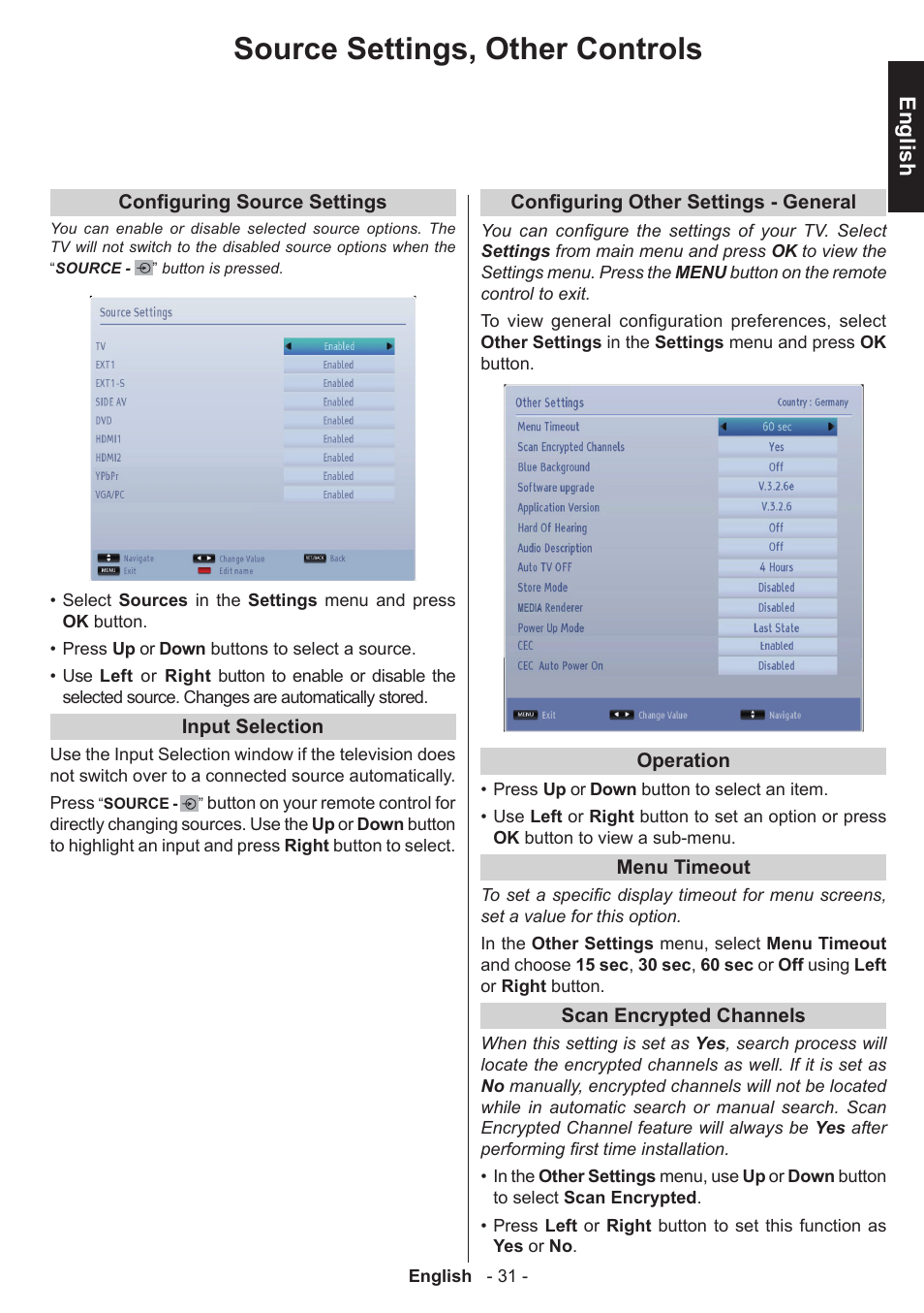 Source settings, other controls, English | Toshiba W3451 User Manual | Page 32 / 60