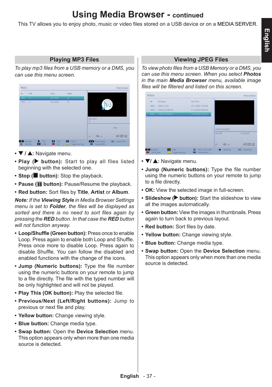 Using media browser, English, Continued | Toshiba W3451 User Manual | Page 38 / 60