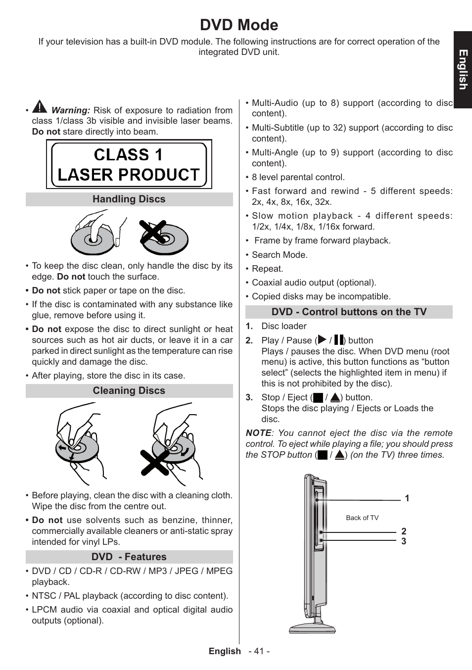 Dvd mode, English | Toshiba W3451 User Manual | Page 42 / 60