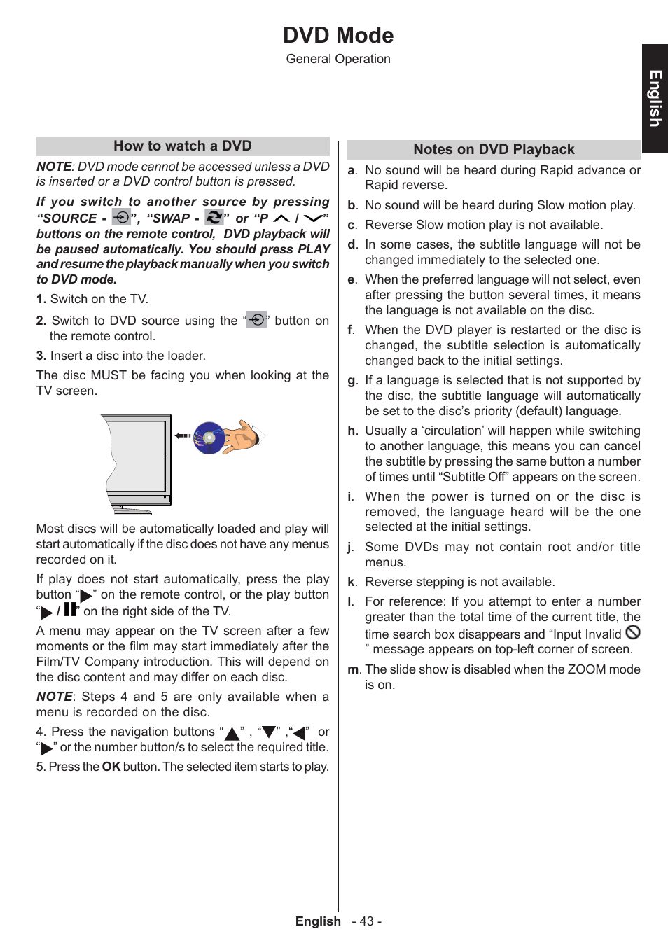 Dvd mode, English | Toshiba W3451 User Manual | Page 44 / 60