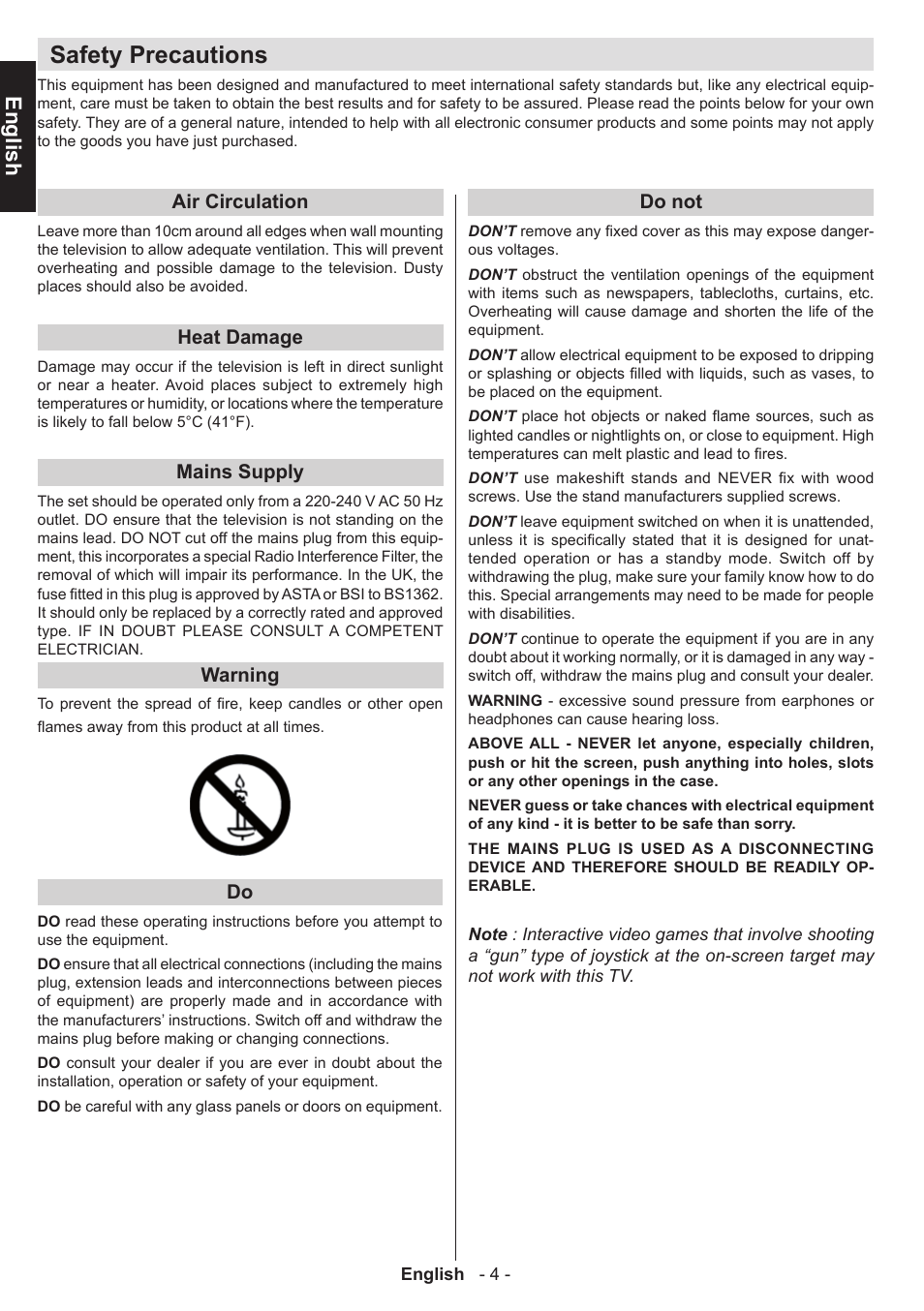 Safety precautions, English, Air circulation | Heat damage, Mains supply, Warning, Do not | Toshiba W3451 User Manual | Page 5 / 60