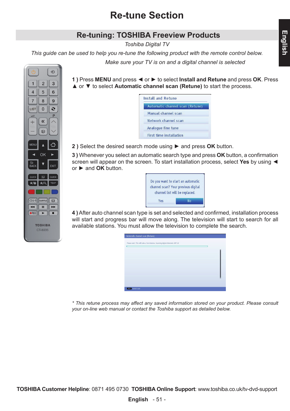 Re-tuning: toshiba freeview products | Toshiba W3451 User Manual | Page 52 / 60