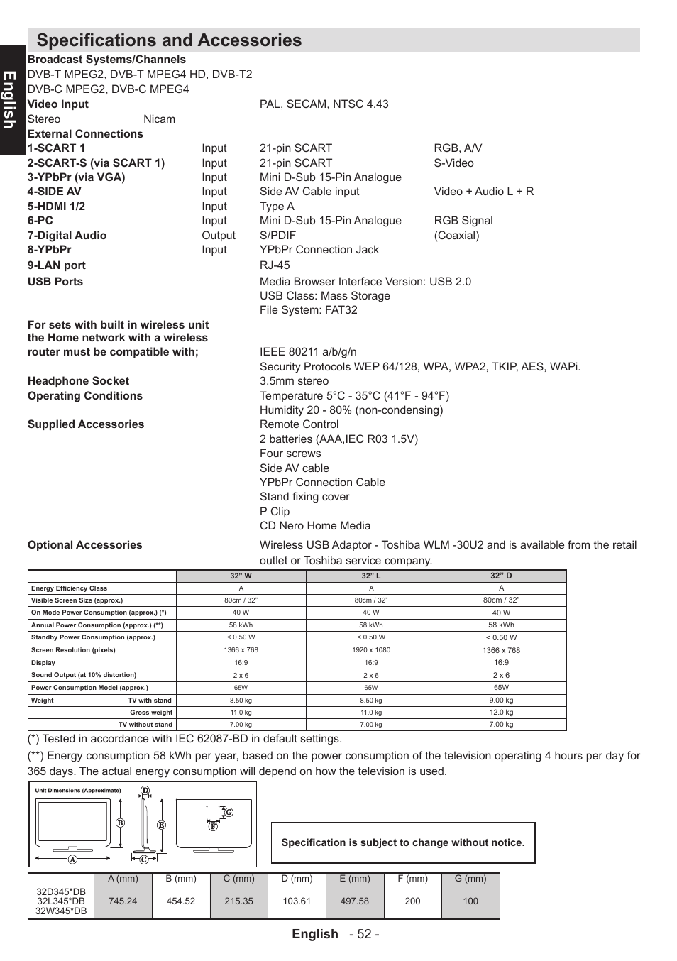 Specifications and accessories, English, English - 52 | Toshiba W3451 User Manual | Page 53 / 60