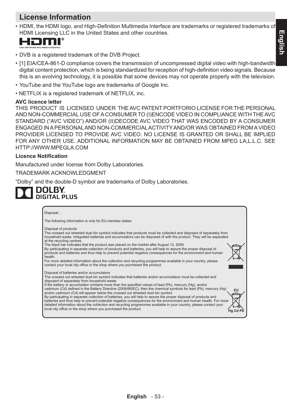 License information, English, English - 53 | Toshiba W3451 User Manual | Page 54 / 60