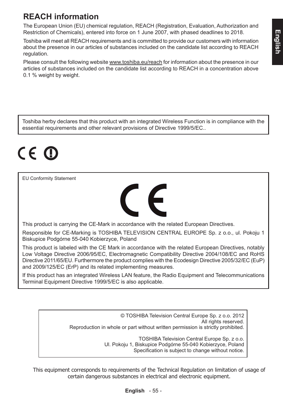 Reach information, English | Toshiba W3451 User Manual | Page 56 / 60