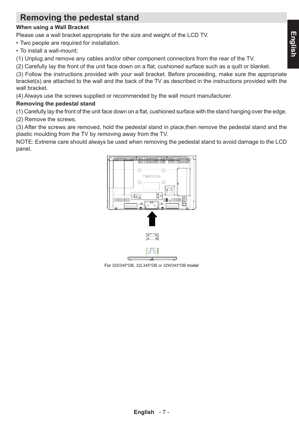 Removing the pedestal stand, English | Toshiba W3451 User Manual | Page 8 / 60