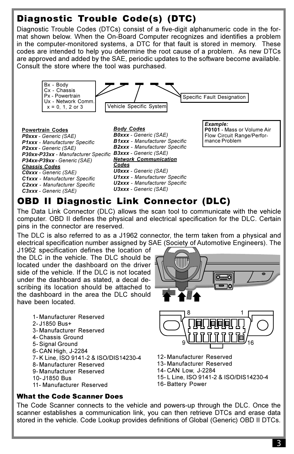 P 0 1 0 1, Diagnostic trouble code(s) (dtc), Obd ii diagnostic link connector (dlc) | Actron 9040 User Manual | Page 3 / 12