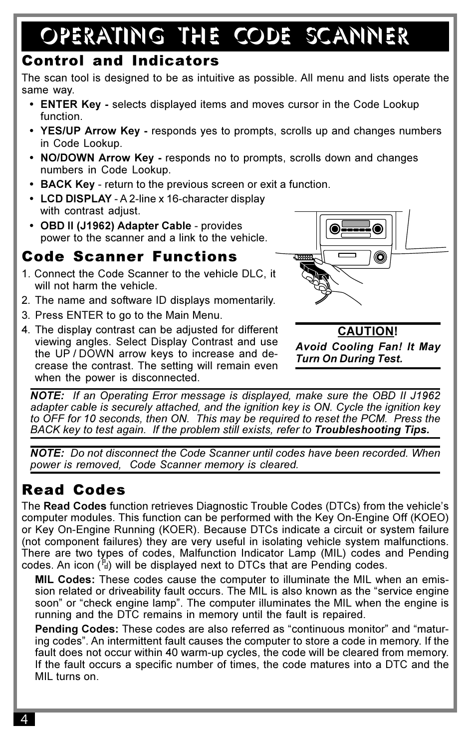 Operating the code scanner, Control and indicators, Code scanner functions | Read codes | Actron 9040 User Manual | Page 4 / 12