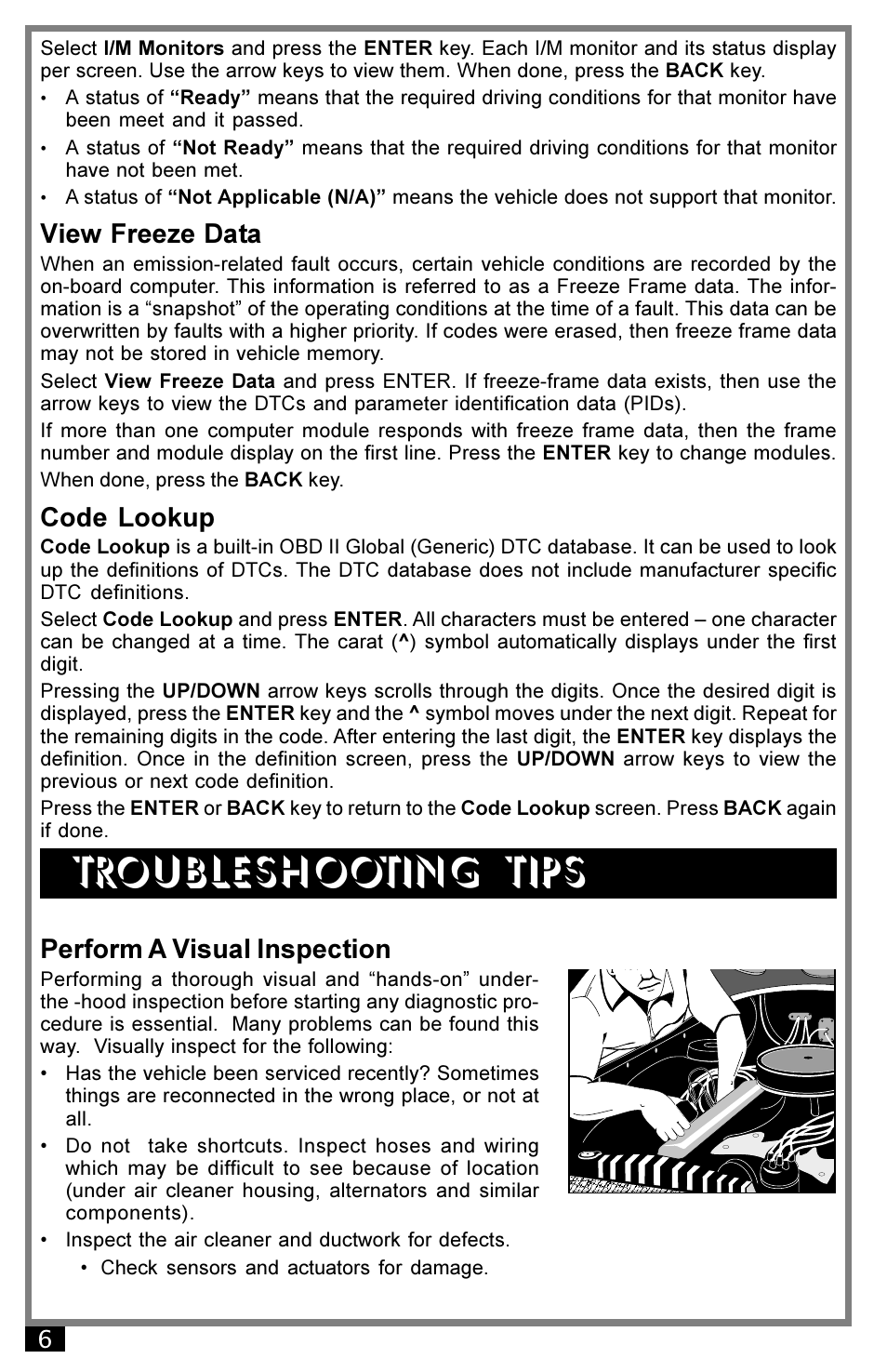 Troubleshooting tips, Using the code scanner, View freeze data | Code lookup, Perform a visual inspection | Actron 9040 User Manual | Page 6 / 12