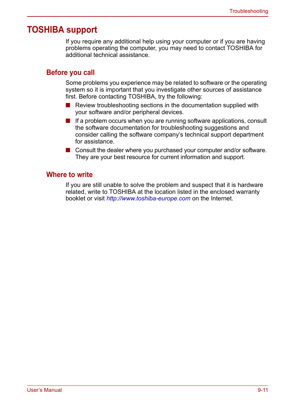 Toshiba support, Toshiba support -11, Before you call | Where to write | Toshiba NB250 User Manual | Page 102 / 130