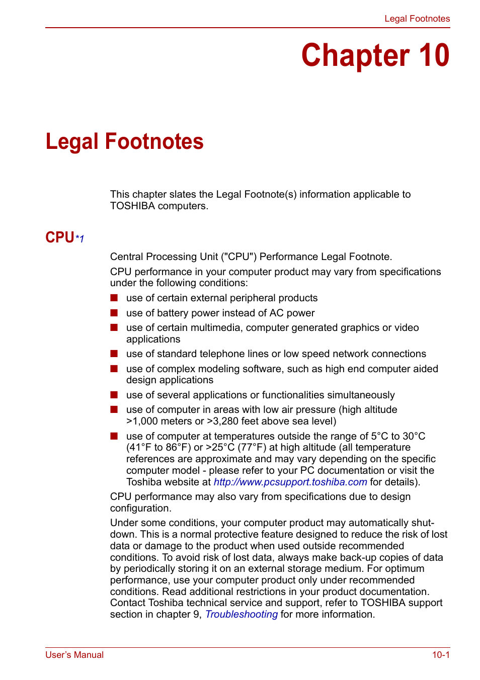 Chapter 10: legal footnotes, Cpu*1, Chapter 10 | Legal footnotes, Section, Legal, Footnotes | Toshiba NB250 User Manual | Page 103 / 130