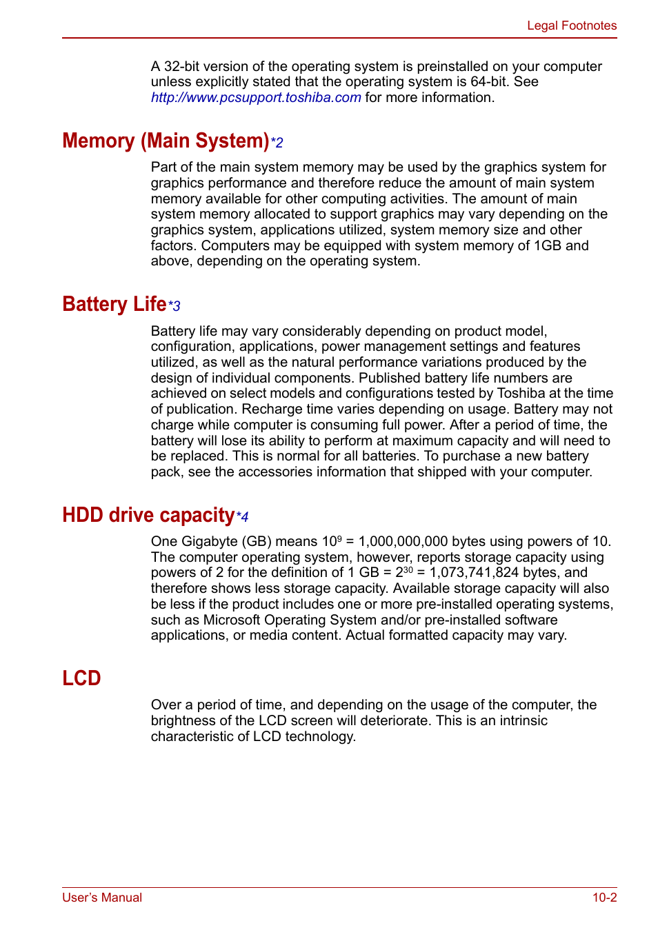 Memory (main system)*2, Battery life*3, Hdd drive capacity*4 | Memory (main system), Battery life, Hdd drive capacity, Lcd -2, Battery li fe, Hdd drive capaci ty | Toshiba NB250 User Manual | Page 104 / 130