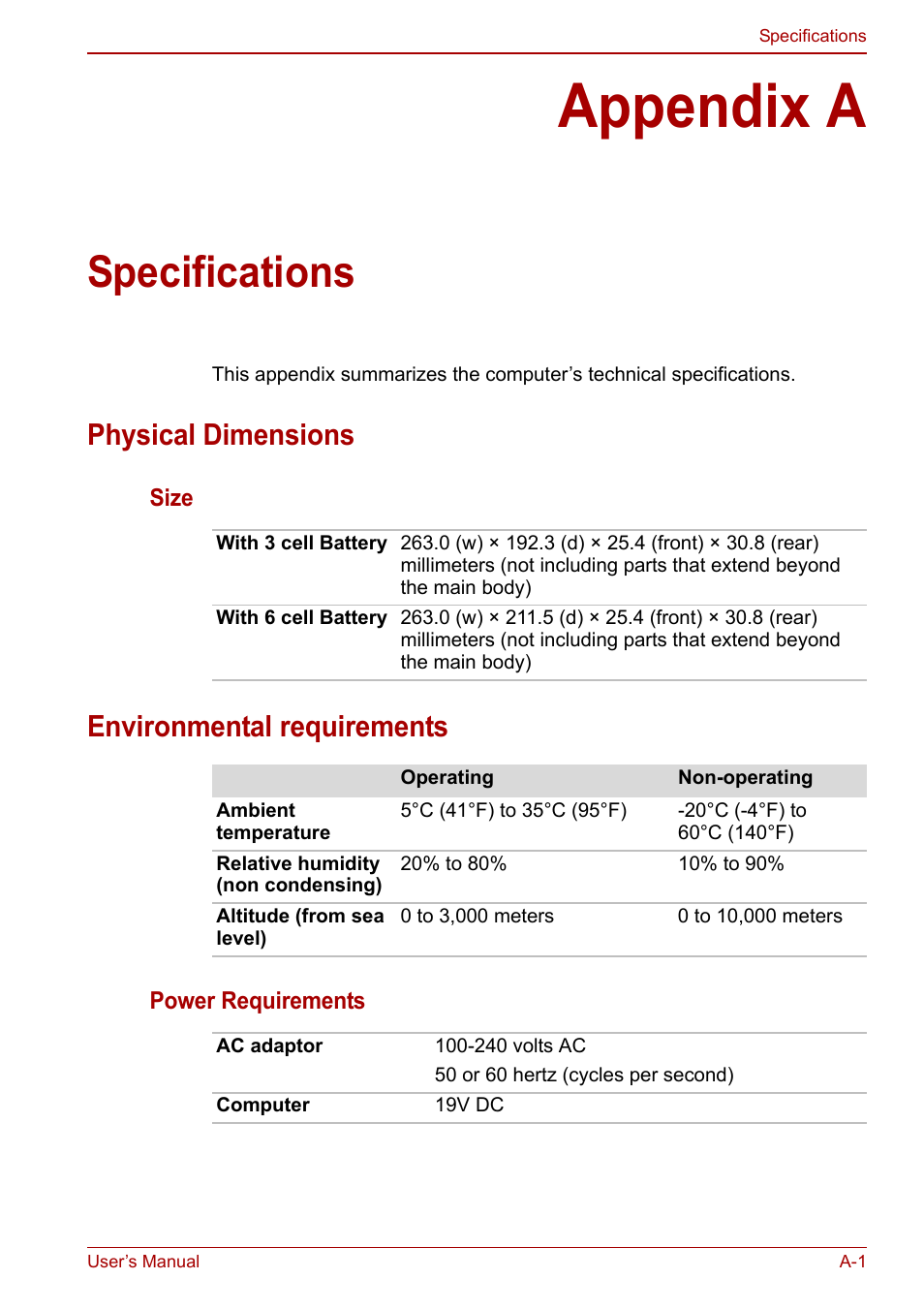 Appendix a: specifications, Appendix a, Specifications | Physical dimensions, Environmental requirements | Toshiba NB250 User Manual | Page 106 / 130