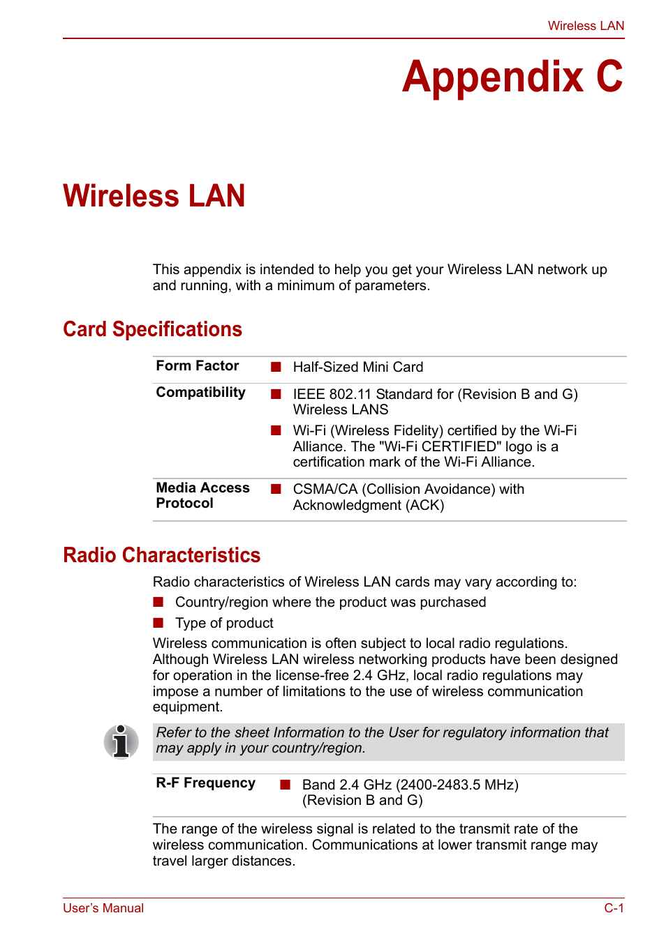 Appendix c: wireless lan, Appendix c, Wireless lan | Card specifications radio characteristics | Toshiba NB250 User Manual | Page 108 / 130