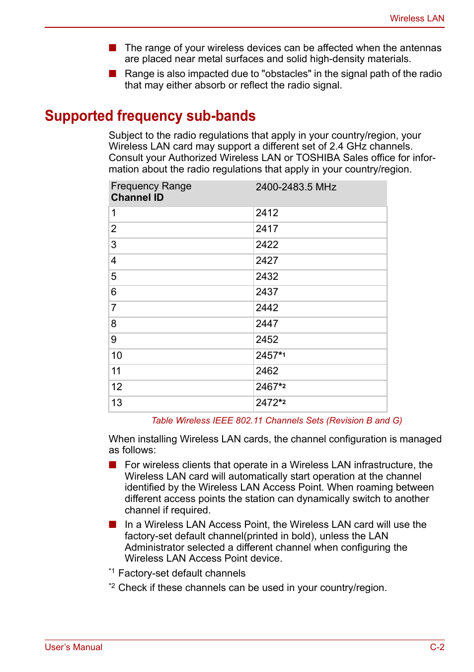 Supported frequency sub-bands | Toshiba NB250 User Manual | Page 109 / 130