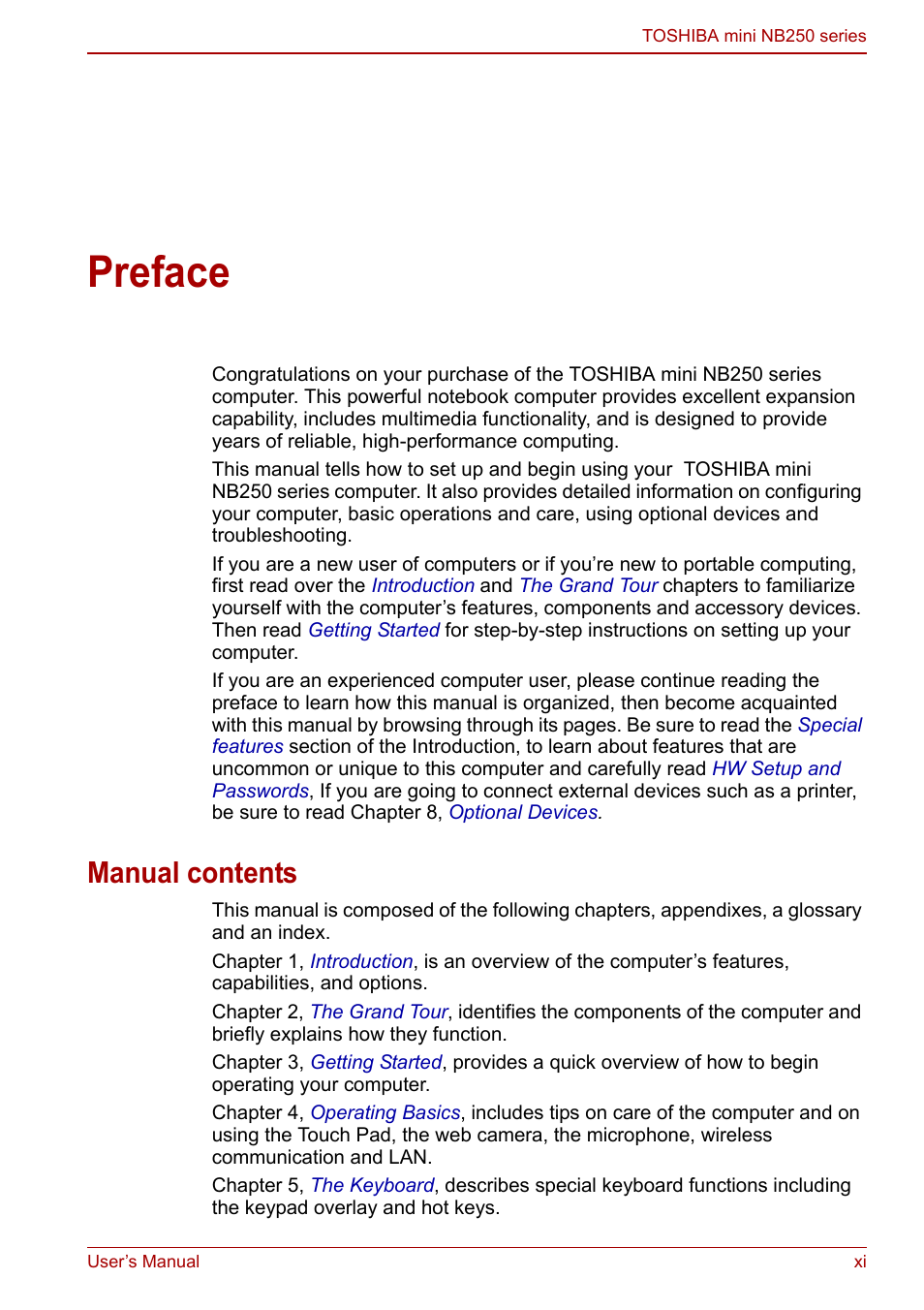 Preface, Manual contents | Toshiba NB250 User Manual | Page 11 / 130