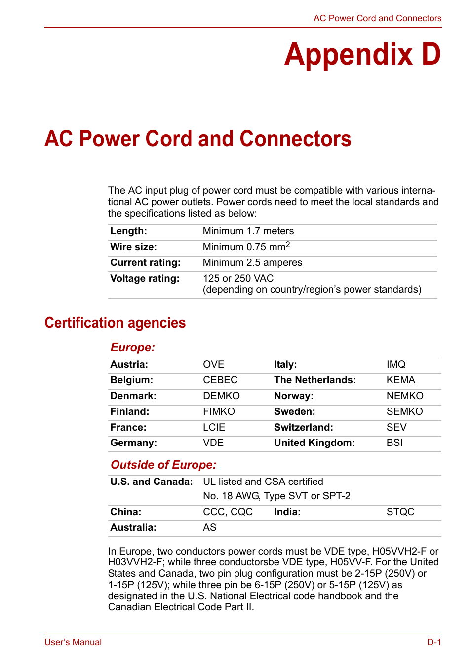 Appendix d: ac power cord and connectors, Appendix d, Ac power cord and connectors | Certification agencies | Toshiba NB250 User Manual | Page 110 / 130