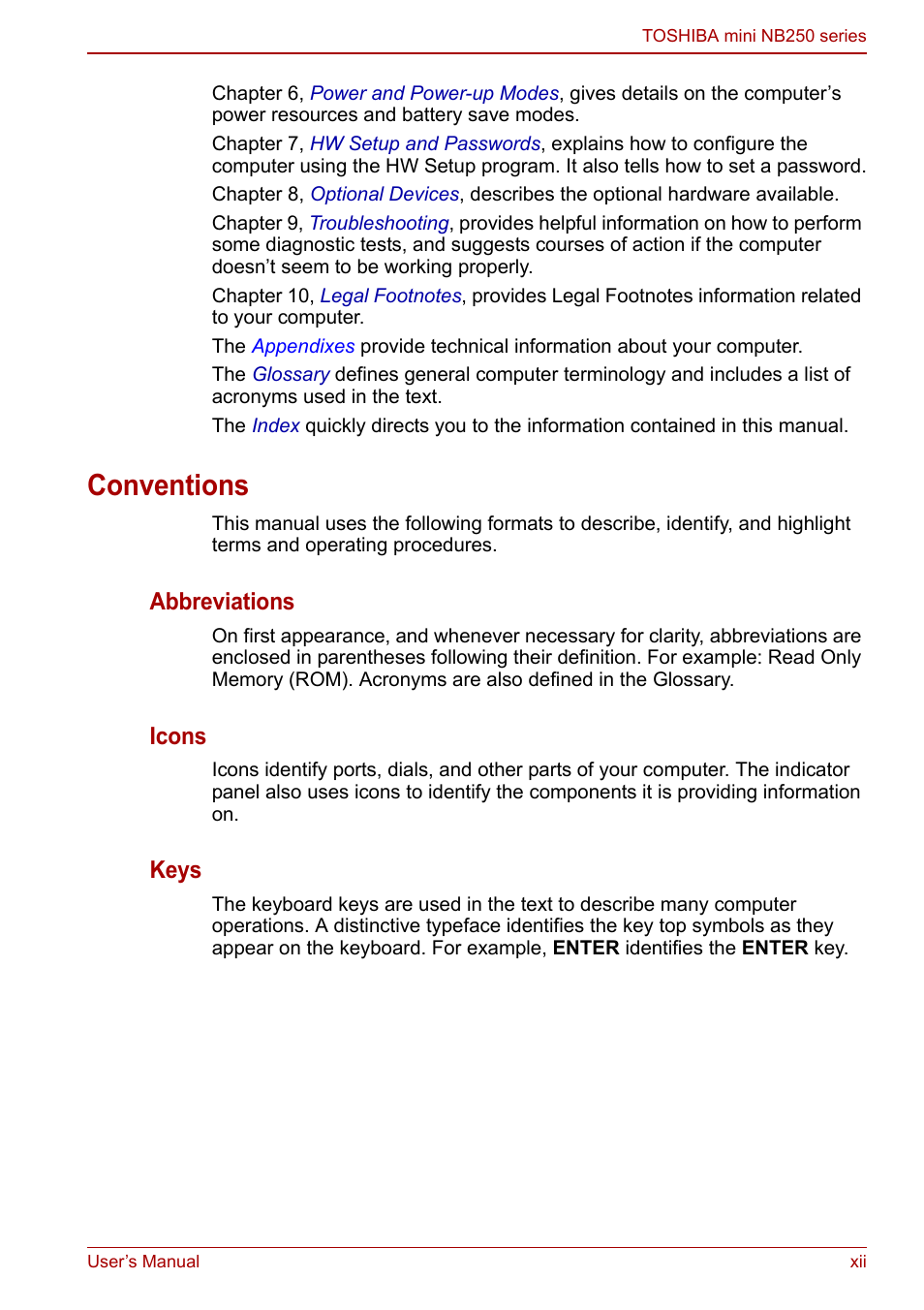 Conventions, Abbreviations, Icons | Keys | Toshiba NB250 User Manual | Page 12 / 130