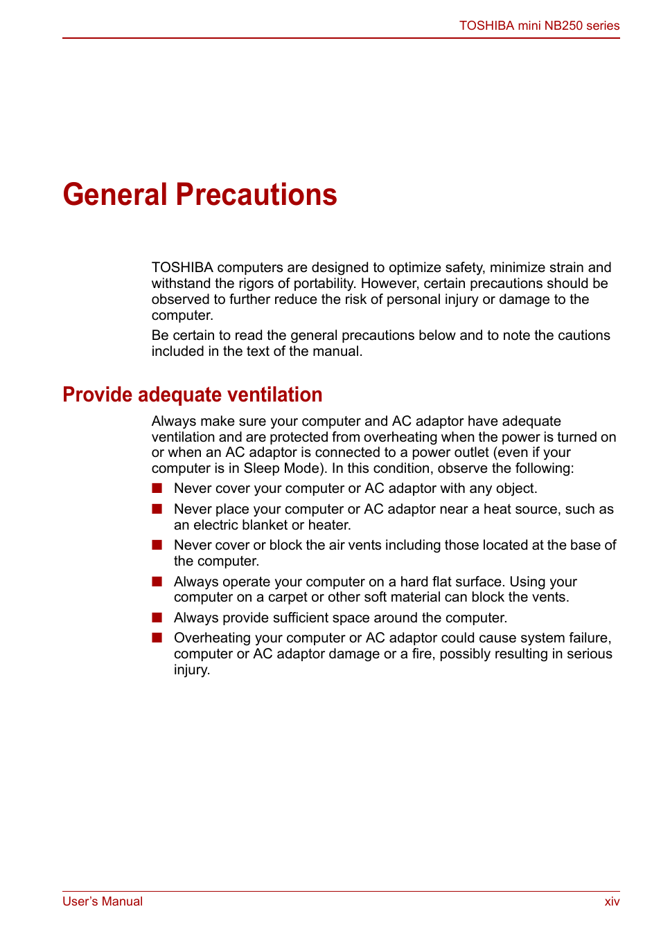 General precautions, Provide adequate ventilation | Toshiba NB250 User Manual | Page 14 / 130