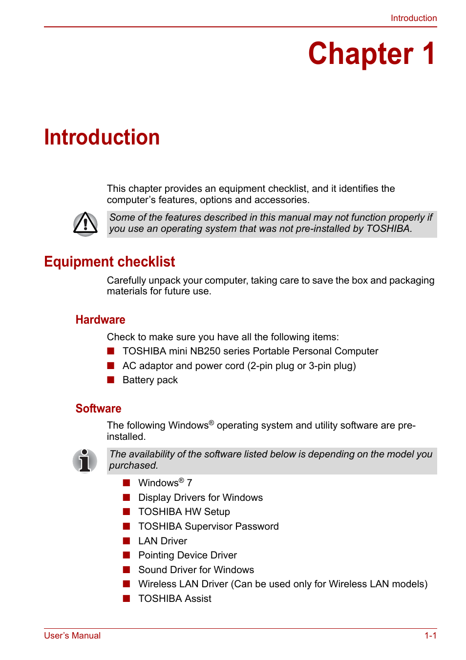 Chapter 1: introduction, Equipment checklist, Chapter 1 | Introduction, Equipment checklist -1, Is an overvie | Toshiba NB250 User Manual | Page 17 / 130