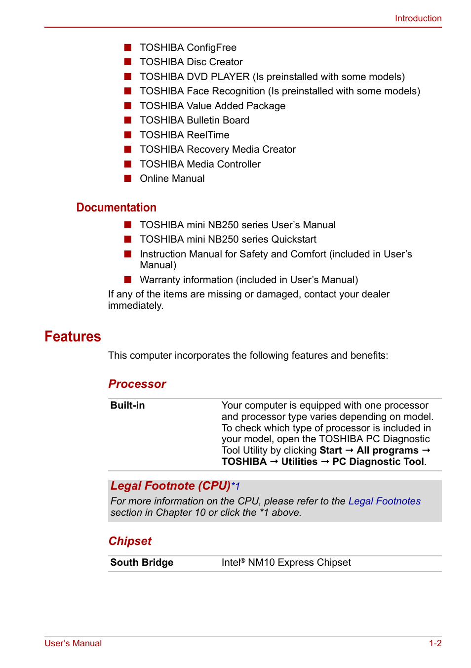 Features, Features -2, Documentation | Toshiba NB250 User Manual | Page 18 / 130