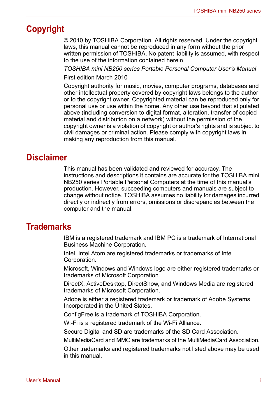 Copyright, Disclaimer, Trademarks | Toshiba NB250 User Manual | Page 2 / 130