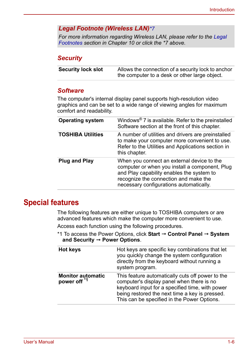 Special features, Special features -6, Special | Features, Section of the | Toshiba NB250 User Manual | Page 22 / 130