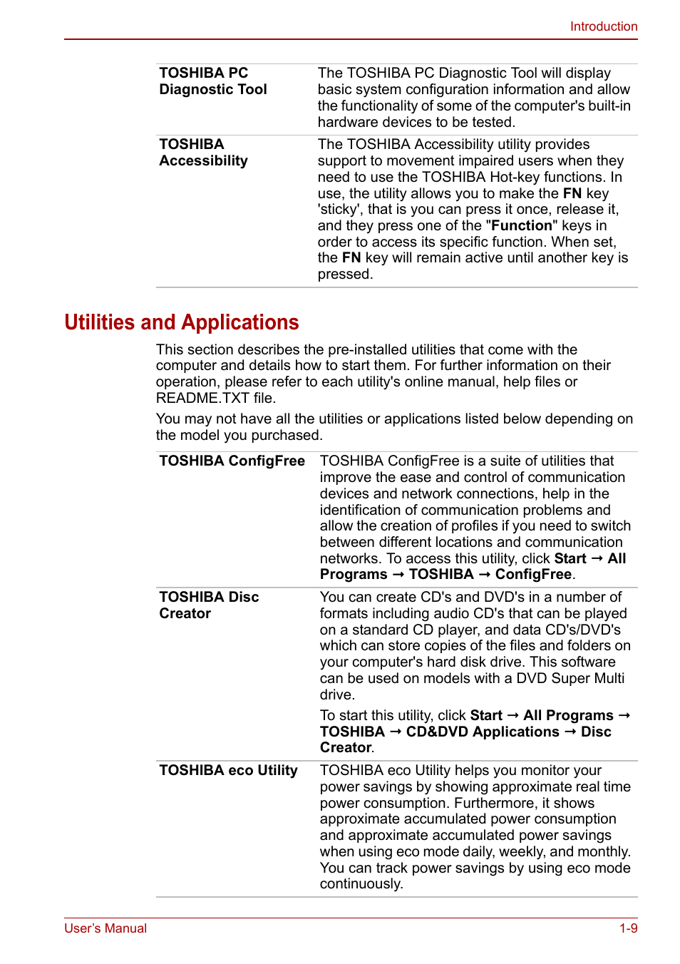 Utilities and applications, Utilities and applications -9 | Toshiba NB250 User Manual | Page 25 / 130