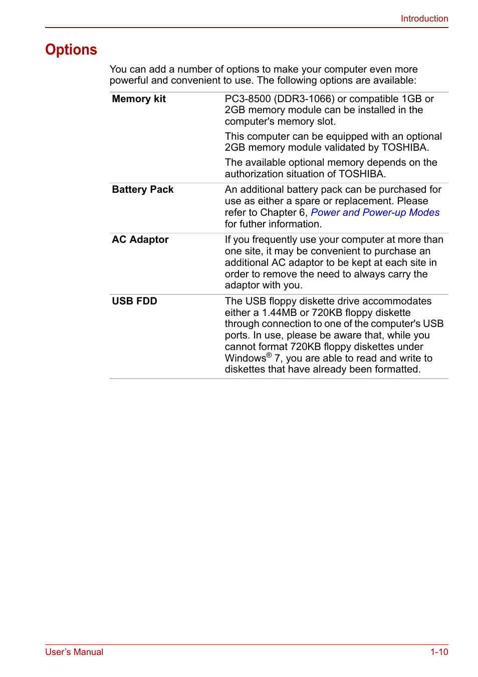 Options, Options -10 | Toshiba NB250 User Manual | Page 26 / 130